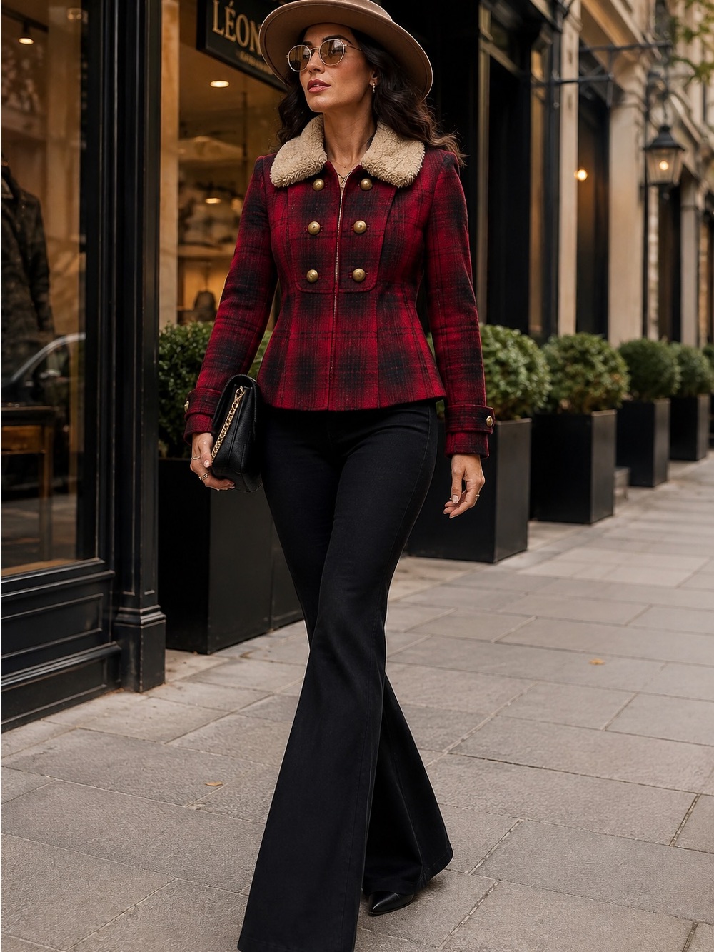 Elevenses Red Plaid Wool Blend Cinched Waist Jacket/ SIZE S